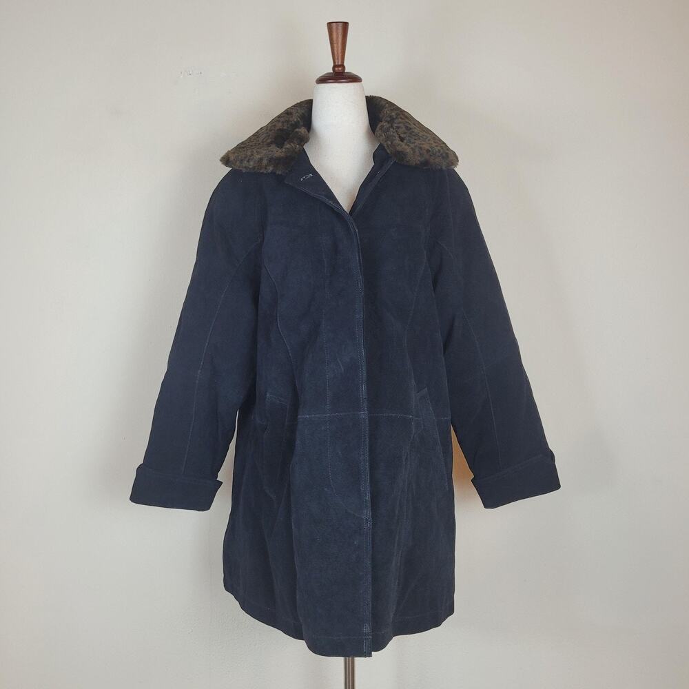 ISPO Leather Coat Womens Small Black Suede Faux Fur Leopard Collar Removable